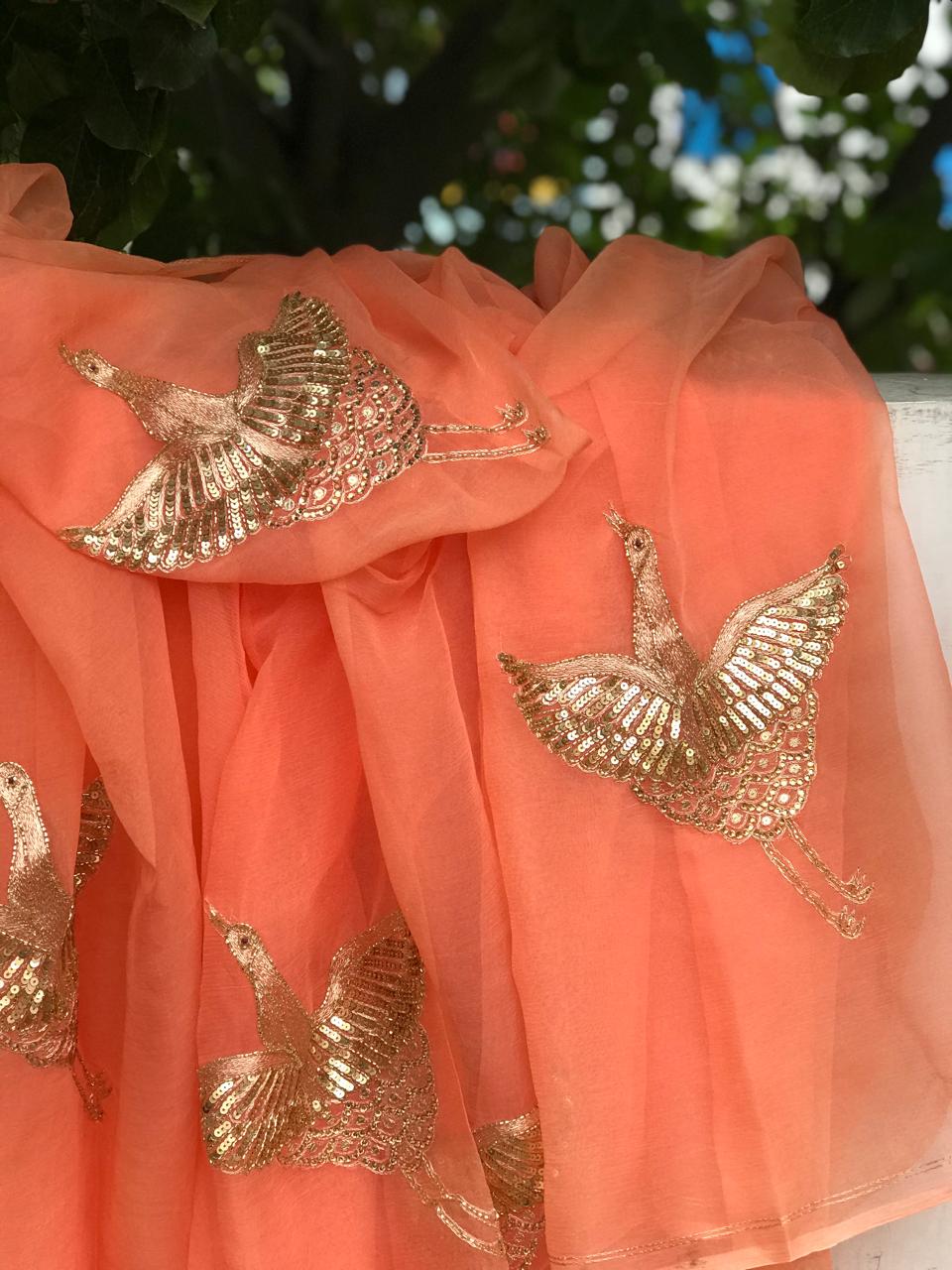 Peach Aari sequins bird motif