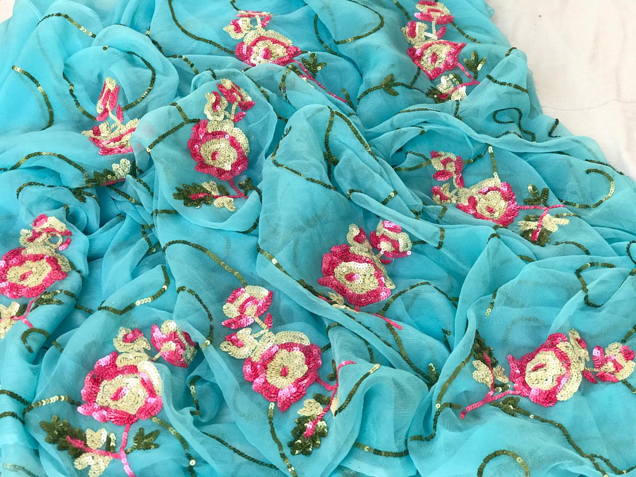 Sky blue sequins jaal saree