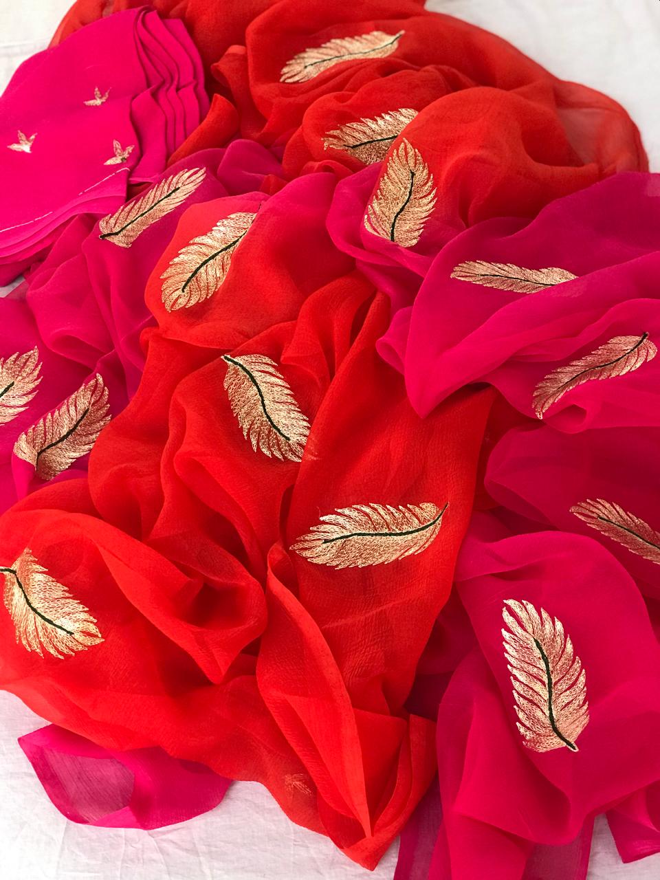 Ombre red pink zari buta saree