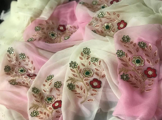 Ombre pink off white Aari Resham buta saree