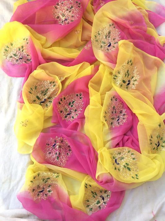 Ombre yellow pink peacock buta saree