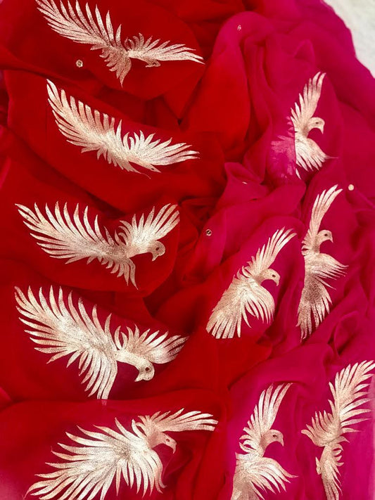 Ombre pink red zari bird motif