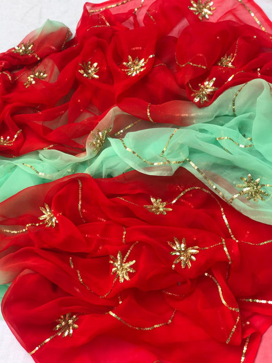 Ombre red shaded sequins Jaal saree