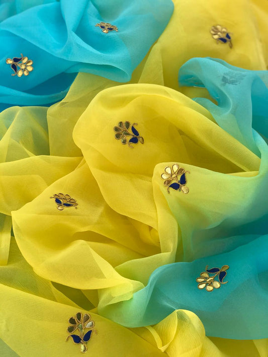 Ombre yellow shaded Gottapatti buta saree