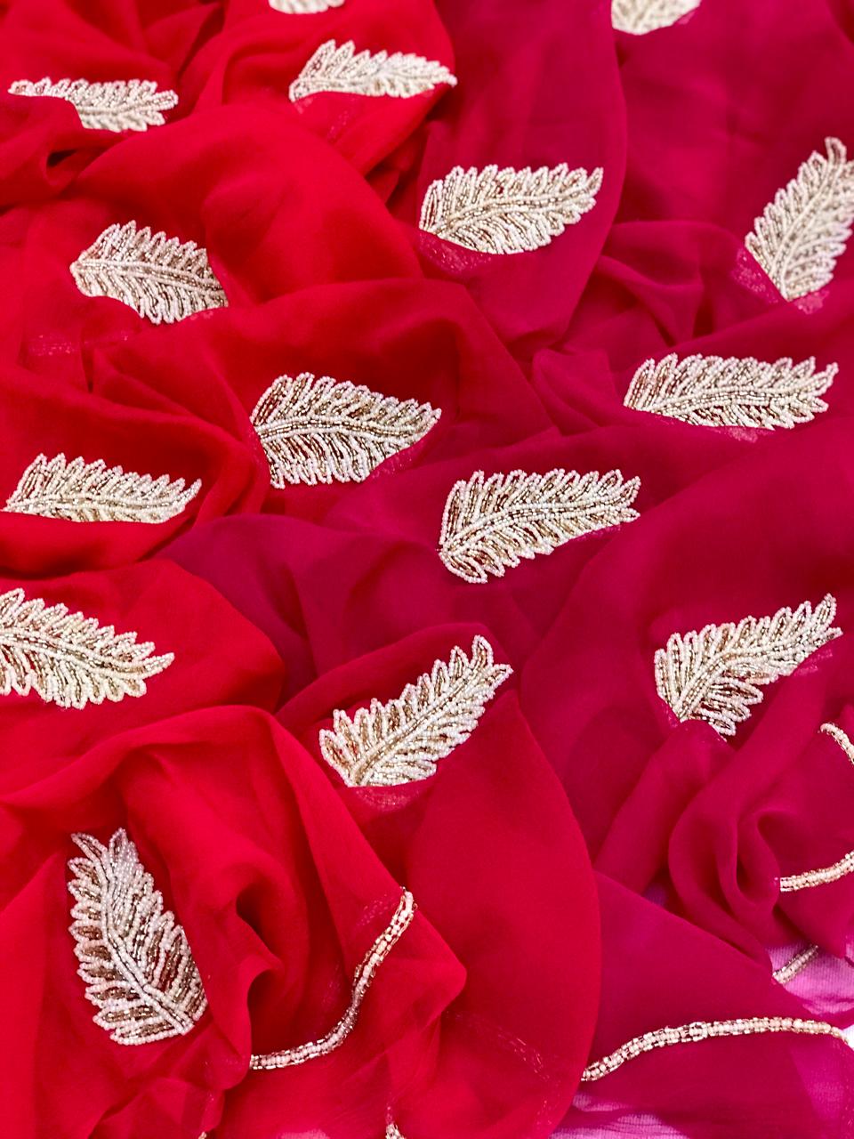 Ombre red pink pearl buta saree