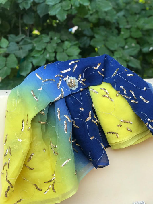 Ombre yellow blue Aari sequins Jaal saree