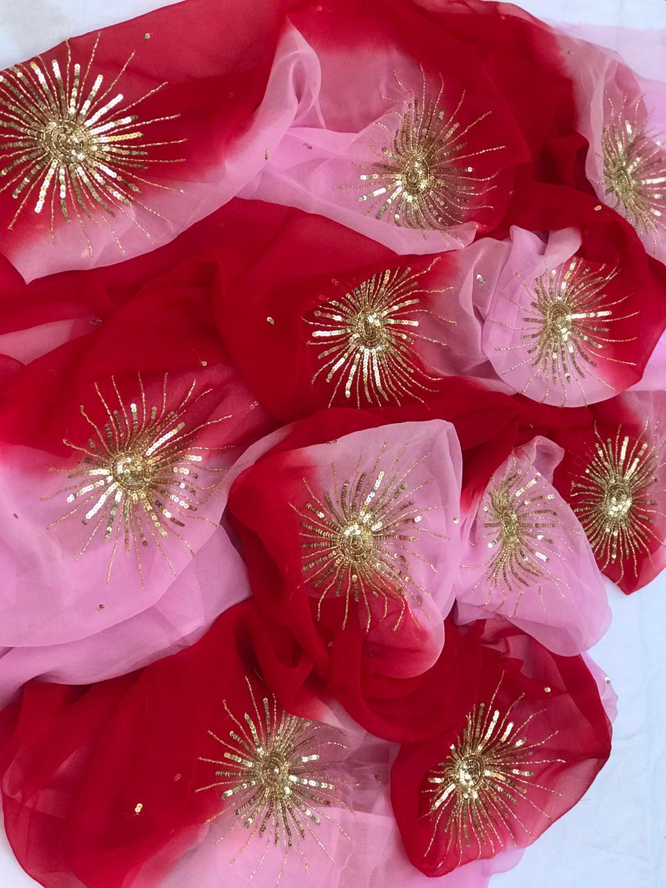Ombre pink red sequins buta saree