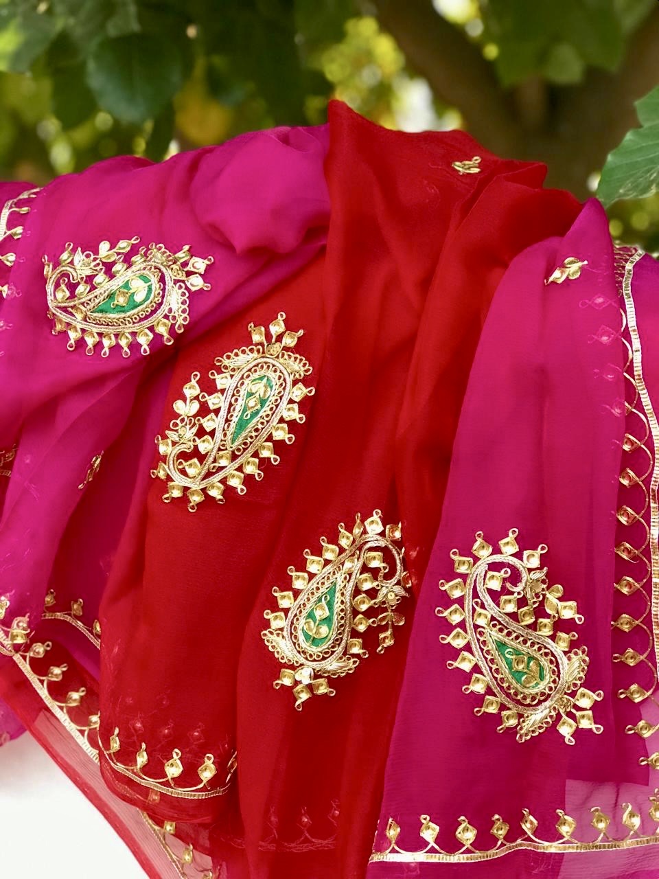 Ombre red pink danka Kerry buta saree