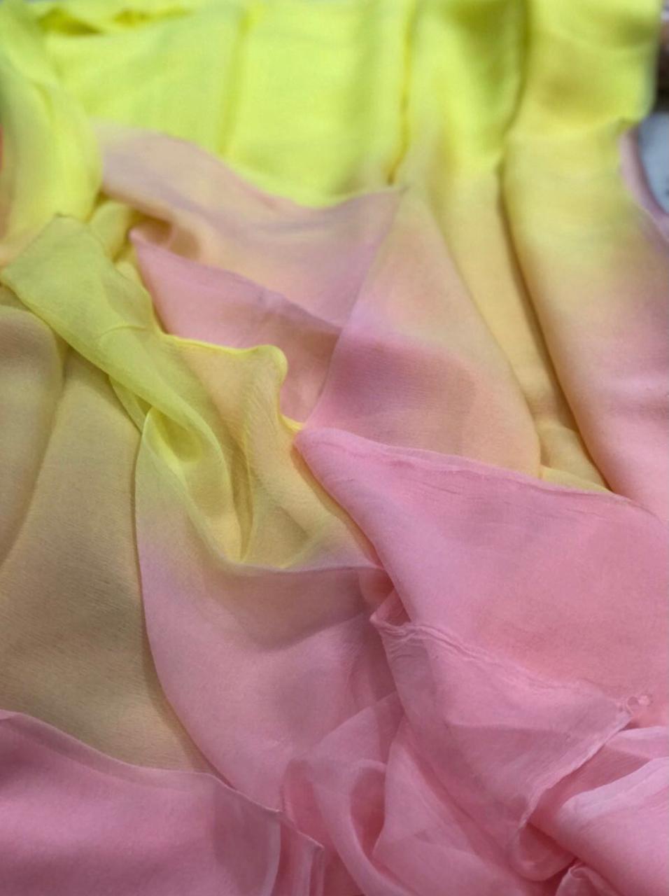 Ombre Yellow Pink Plain Shaded Miraya Chiffon Sarees