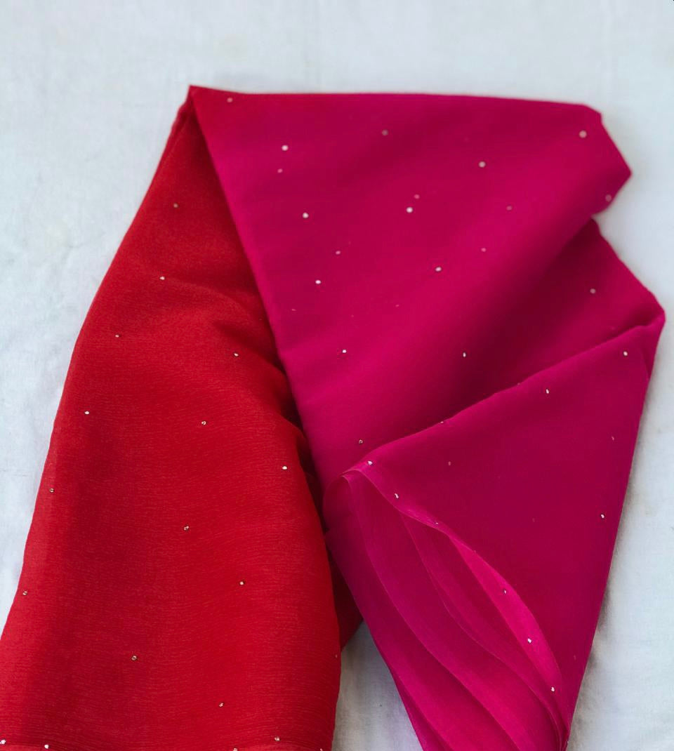 Ombre Red Pink Mukaish Miraya Chiffon Sarees